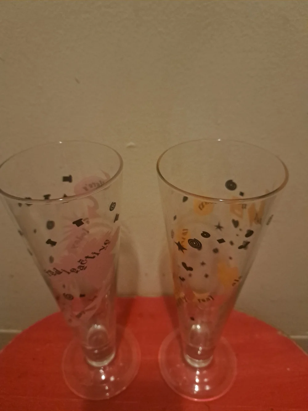 Vtg Decorative Glassware Set - Orange, Green,Blue, Pink Accent Pilsner Flutes 9